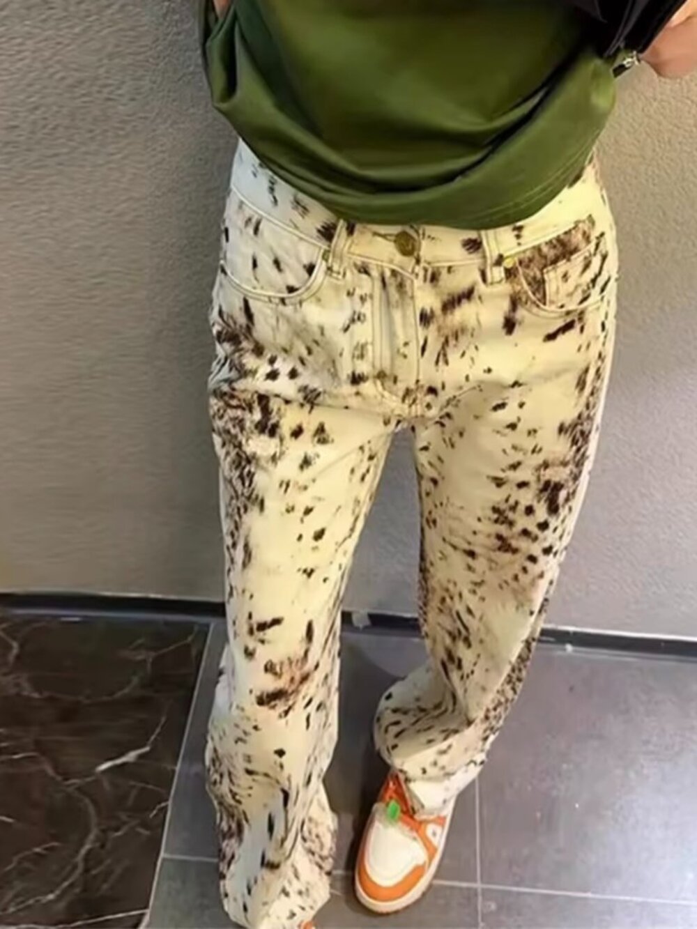 Leopard Print Straight Wide Leg Jeans Women High Waisted Retro Jeans Streetwear